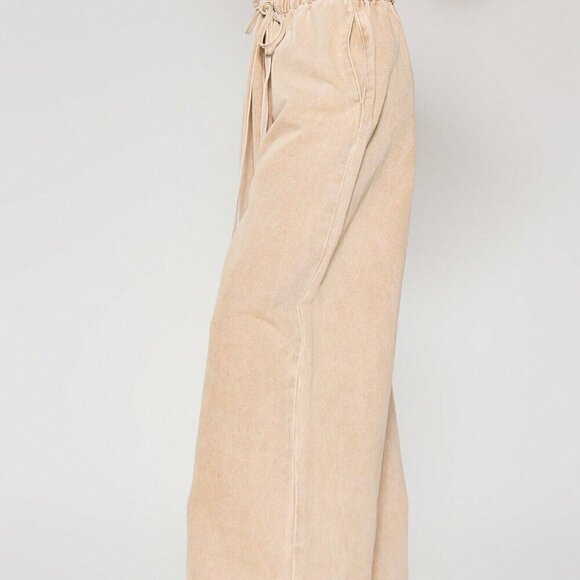 Khaki Casual Women's Tie Waist Wide Leg Washed Denim Trousers pants - Picture 3 of 6